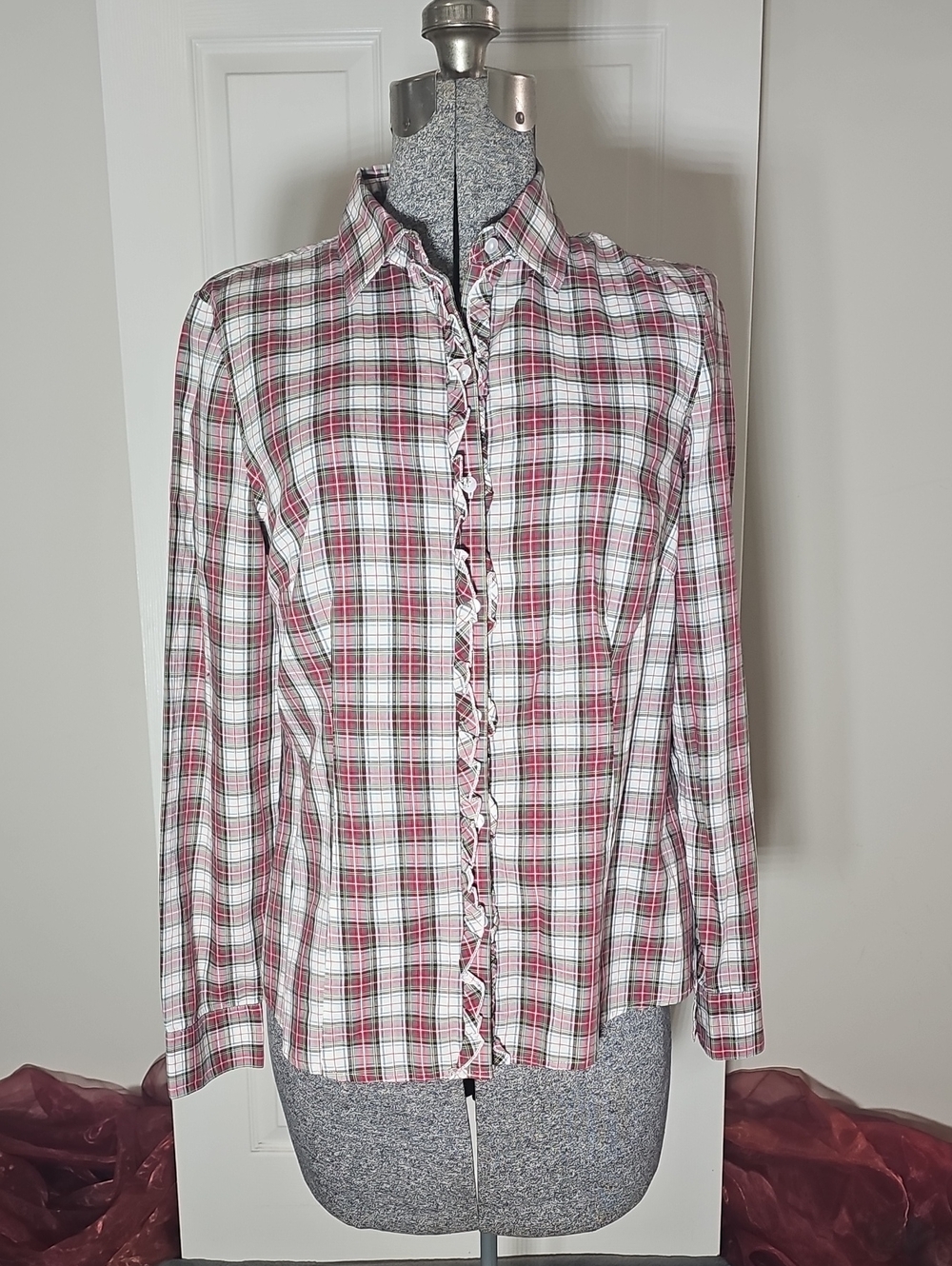 L.L. Bean Plaid Cotton Long Sleeve Button Up Shirt Red White Size S